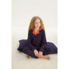 Kız Çocuk Uzun Kol Gömlek Yaka Önden Düğmeli Lacivert Pijama Takım C0T1N7O8