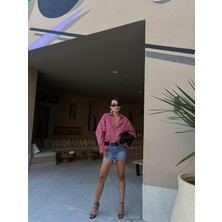 Minaaise Bordo Beyaz Çizgili Oversize Cepli Gömlek 27135