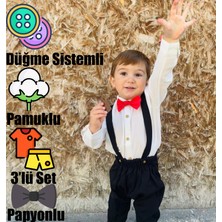 Ares Kids Fashion Siyah Salopet Uzun Beyaz Gömlek Uzun Kol Kırmızı Papyon 3'lü Set  Erkek Çocuk ve Bebek Giyim Hediyelik