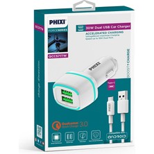 Phixi Force QCC571T Çift Çıkışlı Fast Type-C USB Kablolu Araç Şarj Cihazı