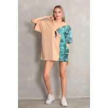 Drgy Unisex Bisiklet Yaka Baskılı Oversize T-Shirt - Bej