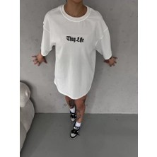 Drgy Unisex Bisiklet Yaka Baskılı Oversize T-Shirt - Beyaz