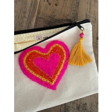 Majalis Design Punch Işlemeli Clutch - Makyaj Çantası, Boncuklu, Iç Içe Kalp Desenli, Turuncu-Sarı