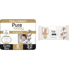 Pure Baby Organik Pamuklu Cırtlı Bez Tekli Paket 6 Numara Xlarge 15-27 kg  32 Adet+ 90'lı Islak Mendil