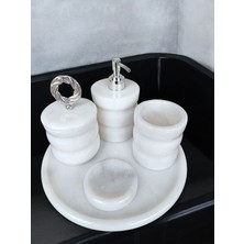 Pietro Di Marble Beyaz Mermer Oval Model 5 Parça Gümüş Renk Halka Aksesuarlı Banyo Seti