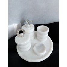 Pietro Di Marble Beyaz Mermer Oval Model 5 Parça Gümüş Renk Halka Aksesuarlı Banyo Seti