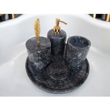 Pietro Di Marble Antrasit Mermer Klasik Model 5 Parça Gold Renk Kuş Tüyü Aksesuarlı Banyo Seti