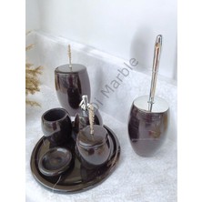 Pietro Di Marble Siyah Mermer Oval Model 7 Parça Gümüş Renk Kuş Tüyü Aksesuarlı Banyo Seti
