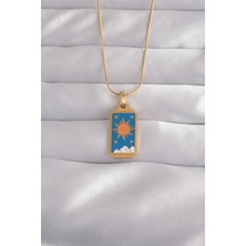 Callerrons Accessories 316L Çelik Gold Renk Mavi Mineli Güneş Model Tarot Kolye - EBJ240912W27730