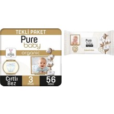 Pure Baby Organik Pamuklu Cırtlı Bez Tekli Paket 3 Numara Midi 4-10 kg  56 Adet + 90'lı Islak Mendil