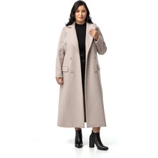 Disentis Modest Büyük Beden Kaplama Düğmeli Cepli Astarlı Uzun Bej Rengi Kaşe Kaban