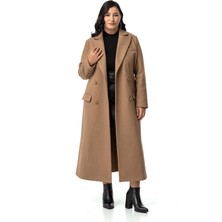 Disentis Modest Büyük Beden Kaplama Düğmeli Cepli Astarlı Uzun Vizon Kaşe Kaban