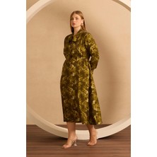 Galaxi Kadın Büyük Beden Desenli Fular Yaka Elbise 4006 Yeşil