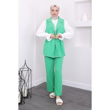 Yeşil Bluz Yelek Pantolon Üçlü Takım
