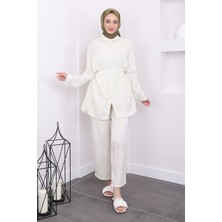 Krem Bel Kuşaklı Tunik Pantolon Takım