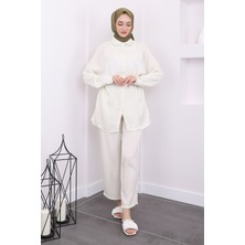 Krem Bel Kuşaklı Tunik Pantolon Takım