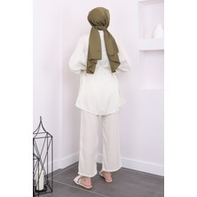 Krem Bel Kuşaklı Tunik Pantolon Takım