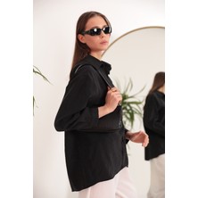 Modal Kumaş Oversize Kadın Gömlek-Siyah