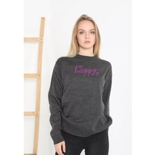 Tarz Yeri Baskılı Uzun Kol Yarım Boğazlı Dokuma Triko - Füme