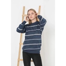 Unisex Ince Çizgili Bisiklet Yaka Triko Kazak - Lacivert