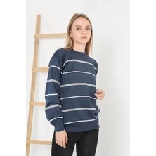 Unisex Ince Çizgili Bisiklet Yaka Triko Kazak - Lacivert