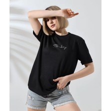 Nice Frog Drop Unisex Bisiklet Yaka Baskılı Slim Fit T-Shirt - Siyah