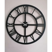 Woodhub Roma Rakamlı Yuvarlak Çerçeveli Siyah Lazer Kesim Ahşap Duvar Saati 40*40