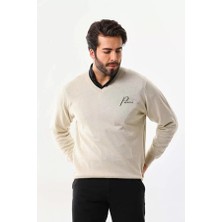 Tarz Yeri Baskılı V Yaka Uzun Kol Dokuma Triko - Bej