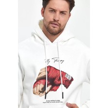 Unisex Kapüşonlu Üç Iplik Oversize Baskılı Sweatshirt - Beyaz