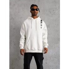 Unisex Kapşonlu Uzun Kol Baskılı Sweetshirt - Beyaz