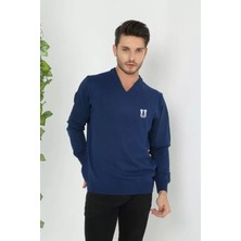 Tarz Yeri Baskılı V Yaka Uzun Kol Dokuma Triko - Indigo