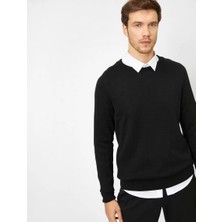Tarz Yeri Unisex Uzun Kol Biskilet Yaka Dokuma Triko - Siyah