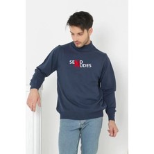 Tarz Yeri Unisex Yarım Boğazlı Baskılı Dokuma Triko - Indigo