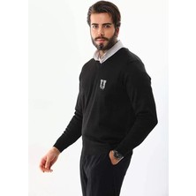 Tarz Yeri Baskılı V Yaka Uzun Kol Dokuma Triko - Siyah