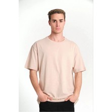 Unisex Düz Biskilet Yaka Oversize T-Shirt - Bej