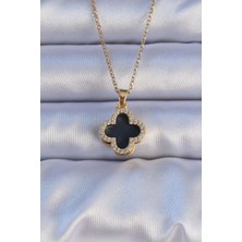 Clariss 316L Çelik Gold Renk Siyah Mineli Zirkon Taşlı Yonca Figürlü Kolye