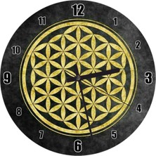 Woodhub Yaşam Çiçeği Siya Gri Zeminde Sarı Duvar Saati (Çap 30 x 30  cm )