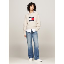Tommy Jeans Yuvarlak Yaka Standart Nakışlı Bej Kazak Kadın Tjw Melange Flag Sweater Ext