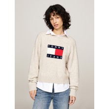 Tommy Jeans Yuvarlak Yaka Standart Nakışlı Bej Kazak Kadın Tjw Melange Flag Sweater Ext