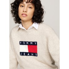 Tommy Jeans Yuvarlak Yaka Standart Nakışlı Bej Kazak Kadın Tjw Melange Flag Sweater Ext