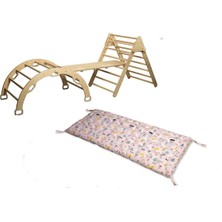 Woodhub Pikler Tırmanma Seti ve Yastık | Montessori 3'lü Set | kemer Üçgen Merdiven Rampa Flamingo Yastık