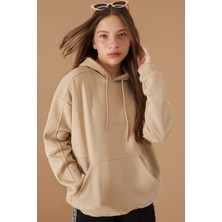 Kız Çocuk Bej Basic Uzun Kol Şardonlu Kapüşonlu Sweatshirt 19192