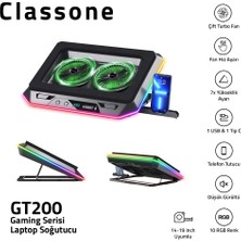 Classone Gaming GT200 Laptop Soğutucu Notebook Stand,10 Rgb Işık Kontrolü , 15.6 -17 Inch , Hız Kontrolü , 2 Büyük Fan ,telefon Standı, 2 USB