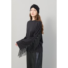 Arkası Floş Püskül ve Trok Baskılı T-Shirt Siyah K2523827_001