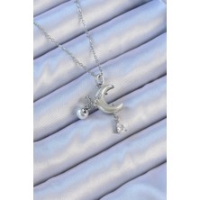 Callerrons Accessories 316L Çelik Zincir Gümüş Renk Zirkon Taşlı Kelebekli Mineli Ay Kolye - EBJ240912W27852