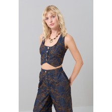 Gold Çıtçıtlı U Yaka Işlemeli Denim Yelek Lacivert K2517018_015