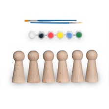 Woodhub Montessori Toys Ahşap El Yapımı Peg Bebek 6'lı Boyama Seti Fırça Boya Dahil -Peg4-9,5cm