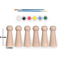 Woodhub Montessori Toys Ahşap El Yapımı Peg Bebek 6'lı Boyama Seti Fırça Boya Dahil -Peg4-9,5cm