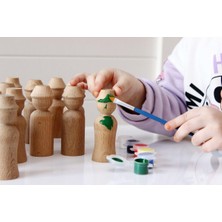 Woodhub Montessori Toys Ahşap El Yapımı Peg Bebek 6'lı Boyama Seti Fırça Boya Dahil -Peg4-9,5cm