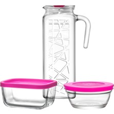 Lav Sude Cam Sürahi Takımı 5'li (1 Sürahi, 4 Saklama Kabı)